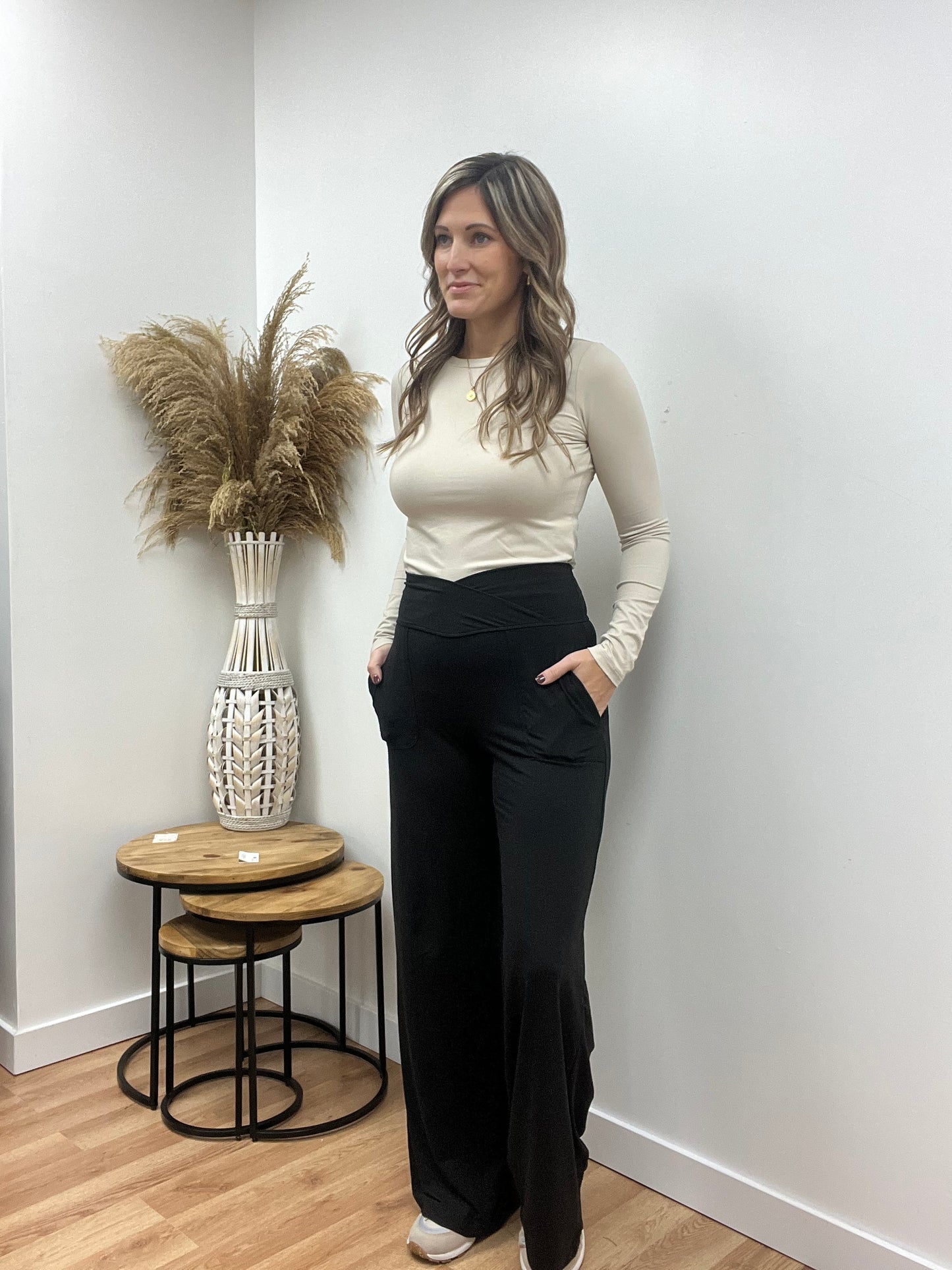 The Braelynn Recycled Butter Soft Black Wide Band Pants