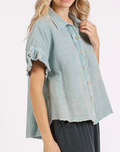 The Kalley Gauze Button Down Ruffle Top