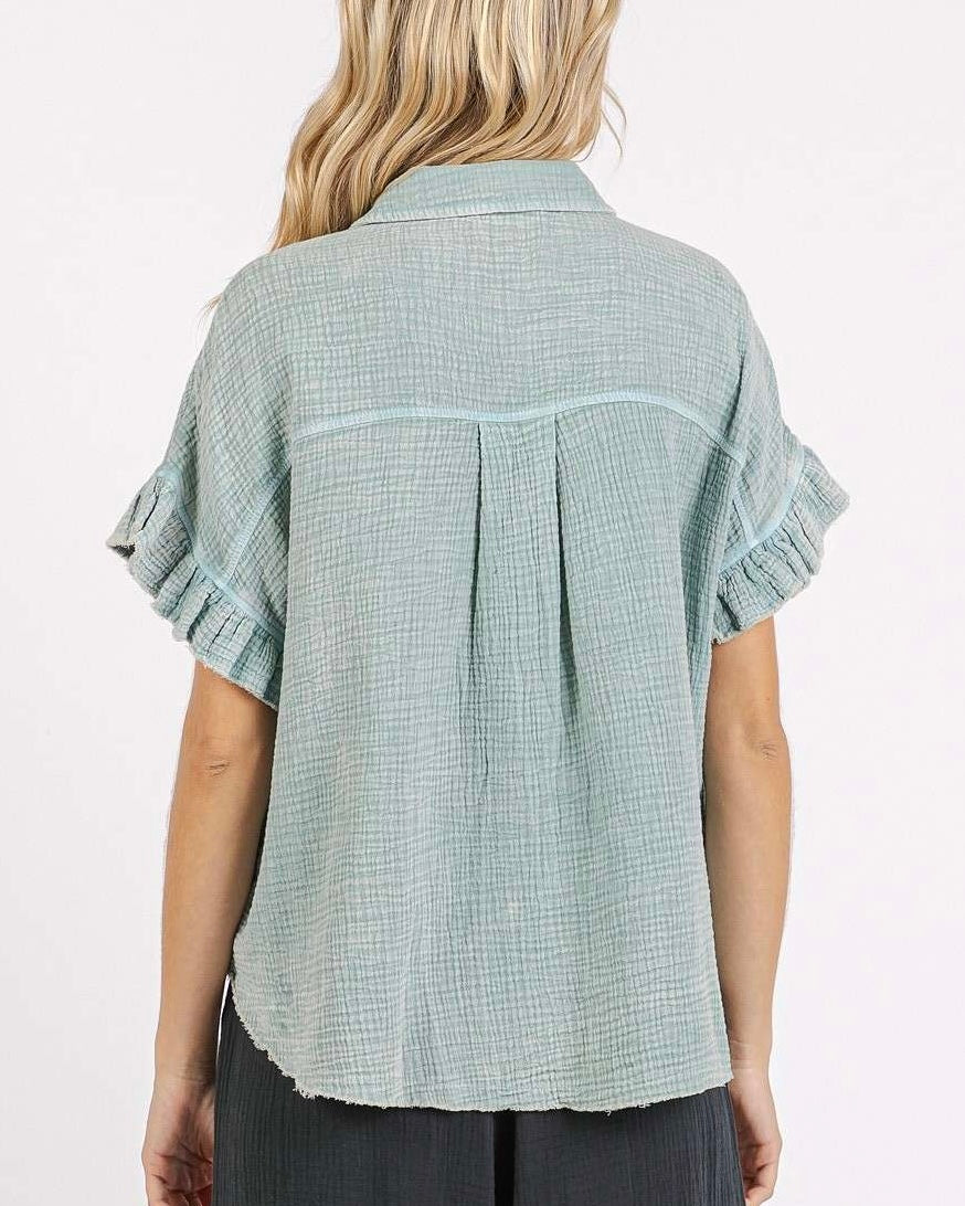 The Kalley Gauze Button Down Ruffle Top