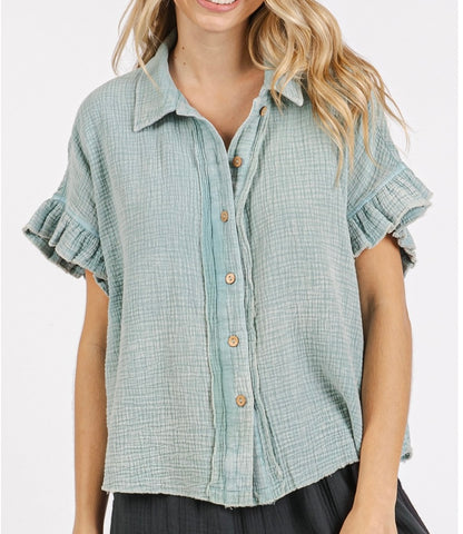 The Kalley Gauze Button Down Ruffle Top