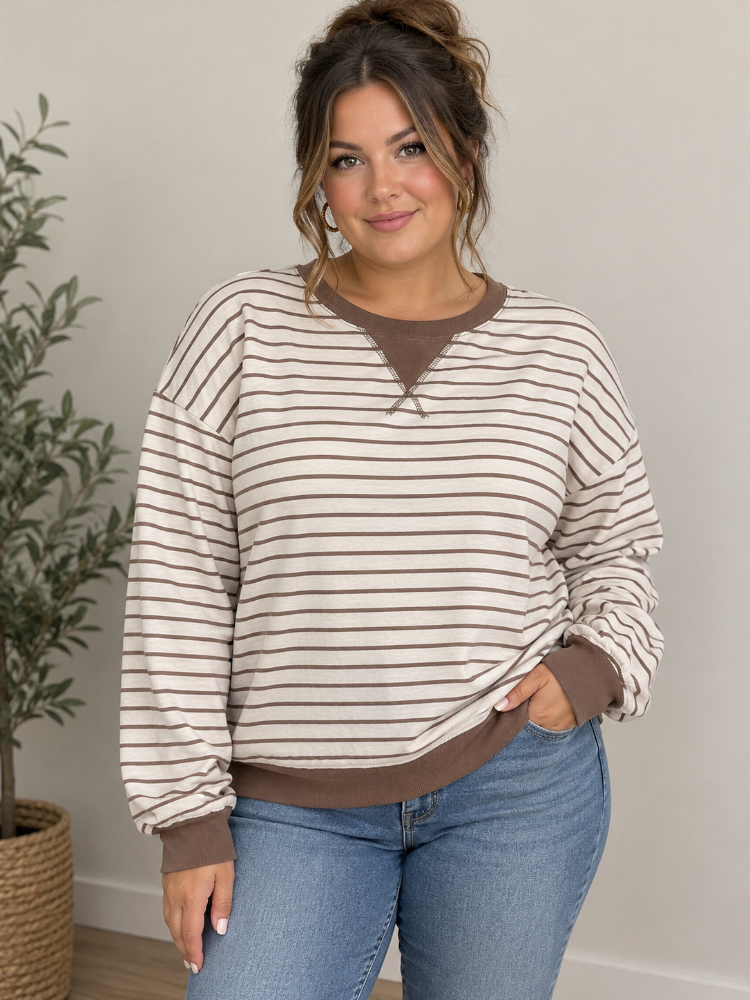 Brown Milton Stripped Long Sleeve Curvy