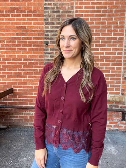 The Ellison Wine V-Neck Sweater Lace Waistband