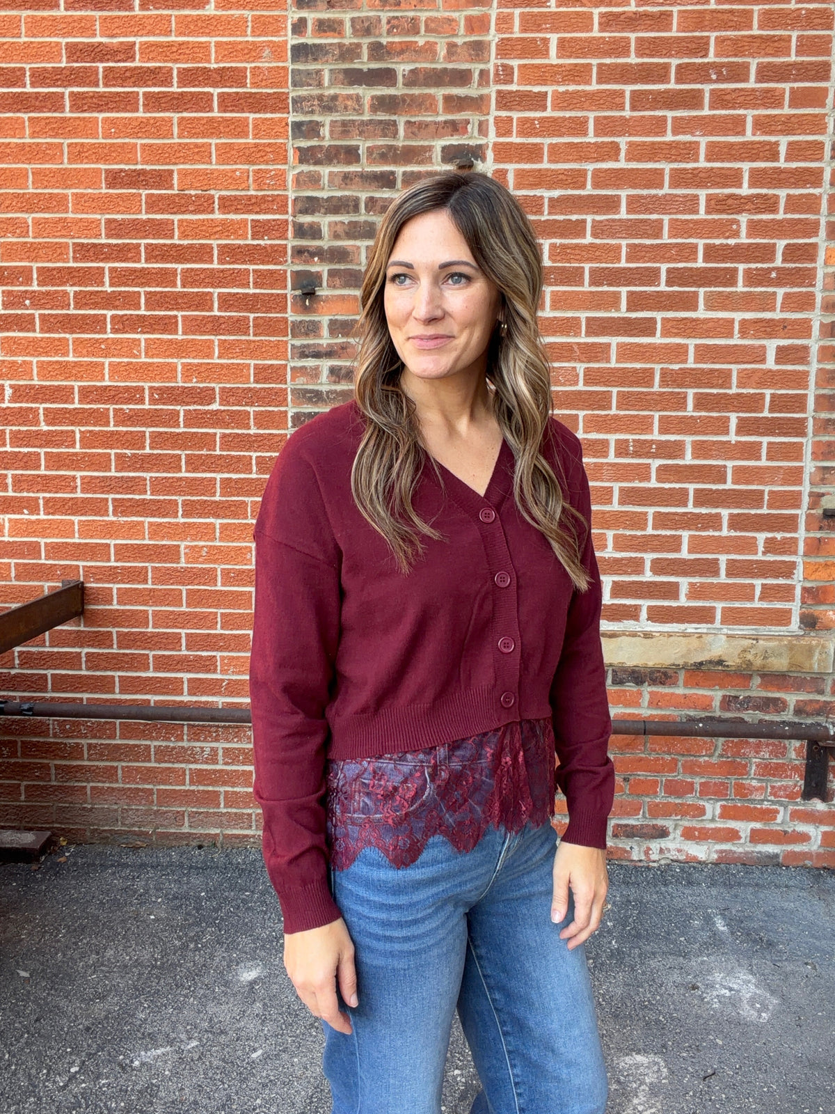 The Ellison Wine V-Neck Sweater Lace Waistband