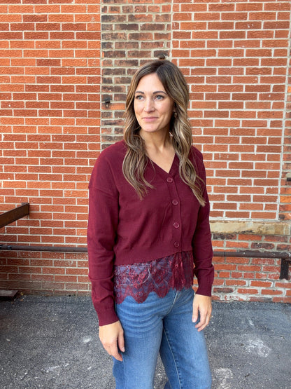 The Ellison Wine V-Neck Sweater Lace Waistband