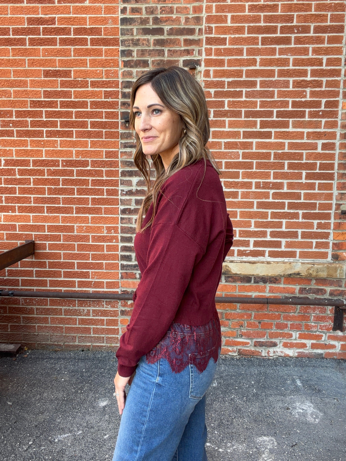 The Ellison Wine V-Neck Sweater Lace Waistband