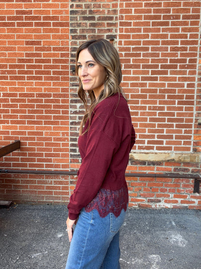 The Ellison Wine V-Neck Sweater Lace Waistband