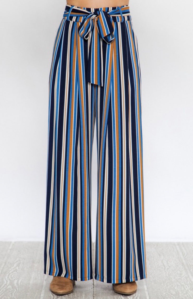 Navy Striped Wide Leg Pants